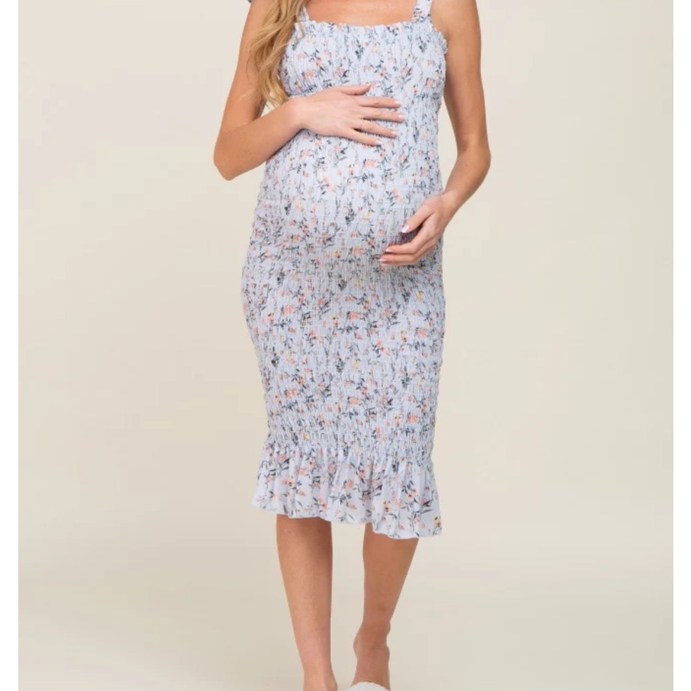 Light Blue Floral Maternity Midi Dress